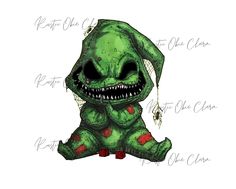 an image of a cartoon character with big teeth and green skin, sitting down on the ground