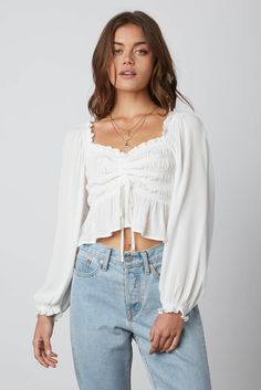 White Long Sleeve Crop Top Flowy Tops Outfit, White Ruffle Crop Top, Cinched Top, Hem Finishes, Basic Girl Outfit, White Long Sleeve Crop Top, White Flowy Top, Jeans And Sandals, Colorblock Sweater