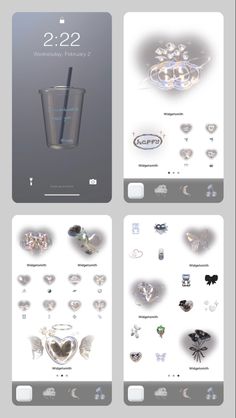 the screens are showing different designs and shapes for each item, including diamonds, pearls, and other things