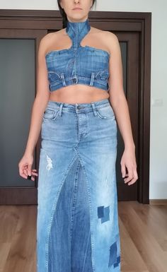 Casual Sleeveless Denim Blue Corset, Casual Denim Sleeveless Corset, Denim Blue High-waist Fitted Denim Vest, Casual Sleeveless Denim Corset, Fitted High-waist Denim Blue Vest, Fitted High Waist Denim Vest, Fitted Denim Blue Crop Top, Fitted Medium Wash Denim Crop Top, Fitted Dark Wash Recycled Denim Top