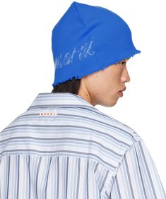 Knit virgin wool beanie in blue. · Mohair-blend jacquard logo at face · Distressing at brim Supplier color: Mazarine blue Blue Wool Beanie, Mazarine Blue, Wool Beanie, Wool, Luxury Fashion, ? Logo, Knitting, Blue, Color