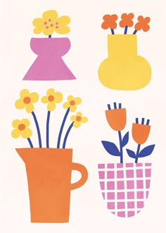 an image of flowers in vases on a white background