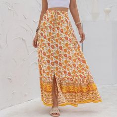 High Waist Floral Split Skirt Introducing our High Waist Floral Split Skirt, a true embodiment of boho and vacation style. Immerse yourself in the allure of this remarkable garment, meticulously crafted to elevate your fashion game to new heights.... Tropical Fabric Prints, Maxi Skirts Summer, Floral Print Maxi Skirt, Rayon Skirt, Split Skirt, Beach Skirt, Boho Skirts