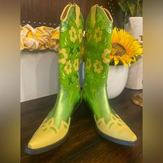 Brand New Green And Yellow Boots! Super Cute! Yellow Fitted Boots With Round Toe, Yellow Western Leather Boots, Yellow Leather Spring Boots, Spring Yellow Leather Boots, Western Style Yellow Boots For Spring, Spring Green Boots With Reinforced Heel, Yellow Closed Toe Boots For Spring, Green Snip Toe Boots For Spring, Yellow Leather Boots With Snip Toe