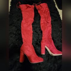 Nwt Red Over The Knee Boots Red Synthetic Lace-up Boots, Red Synthetic Heels For Fall, Red High Heel Synthetic Boots, Red Knee-high Heels For Fall, Red Suede Boots For Winter, Trendy Red Synthetic Boots, Red Casual Party Boots, Casual Red Party Boots, Trendy Red Suede Boots