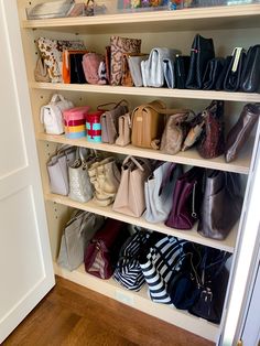 a closet filled with lots of purses and handbags on shelving unit next to door