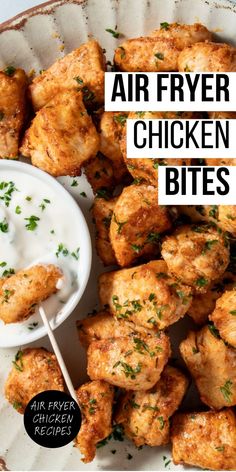 Air-fried chicken bites served with a side of dipping sauce. Chicken Air Fried Recipes, Quick Chicken Recipes Air Fryer, Chicken In The Airfryer, Air Fryer Pickle Chicken, Healthy Air Fry Chicken, Meat In Air Fryer Ideas, Air Fryer Chicken Salad, Diced Chicken Air Fryer Recipes, Chicken Parmesan Bites Air Fryer