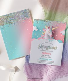 two unicorn themed birthday cards on top of each other