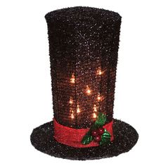 a top hat with lights on it and holly berries in the center, decorated with red ribbon