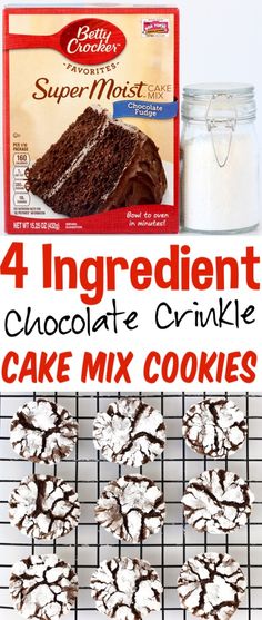 four ingredient chocolate crinkle cake mix cookies on a cooling rack and in front of a box of milk