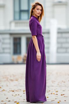 "Classic dark purple maxi dress with pleats ➤ Features > dress lenght: 150 cm / 59,05\" > mid sleeves > v neckline > pleats in skirt part > waistband ➤ Sizing My Size Guide in FAQ section below will help you define the perfect size match. The item can also be made according to your measurements - just message them to me. ➤ Delivery Your item is made-to-order and will be ready within 2-7 days. Average delivery times: > North America: up to 1-2 weeks > New Zealand, Australia: Purple Pleated Maxi Dress, Fitted Purple Pleated Maxi Dress, Summer Pleated Purple Maxi Dress, Elegant Floor-length Purple Midi Dress, Purple Dress Plus Size, Long Purple Dress, Purple Long Dress, Dress Cocktail Party, Maxi Dress Plus Size