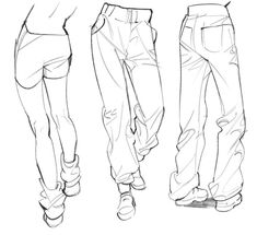 three men's pants are shown in black and white, one is drawn with pencil