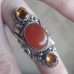 Brand New Handmade Carnelian And Citrine Silver Statement Ring. Size 7.25 925 Stamped New To Poshmark? Use Referral Code Kimberlyn222 To Receive $10. Silver Carnelian Rings Spiritual Style, Silver Carnelian Spiritual Ring, Bohemian Orange Jewelry Ring, Bohemian Amber Sterling Silver Rings, Silver Bohemian Citrine Rings, Silver Carnelian Ring, Bohemian Citrine Gemstone Ring, Orange Bohemian Jewelry With Cabochon, Handmade Bohemian Carnelian Ring