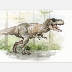 a watercolor painting of a t - rex walking in the woods with its mouth open