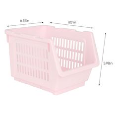 a pink plastic storage basket with measurements