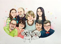 a family portrait painted with watercolors and colored pencils on paper, in the shape of a heart