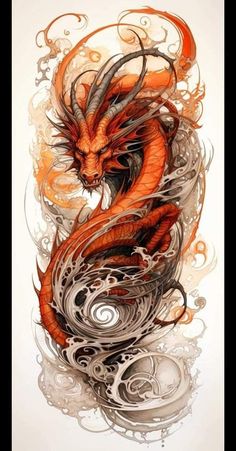 an orange and black dragon sitting on top of a white surface with swirls around it