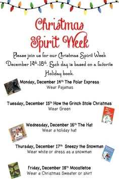 the christmas spirit week flyer is shown