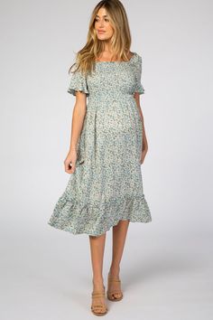 Light Blue Floral Ruffle Maternity Midi Dress – PinkBlush Maternity Dresses For Baby Shower, Stylish Mom, Trendy Maternity, Baby Shower Dresses, Shower Dresses, Pregnancy Maxi Dress