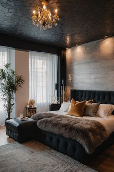 a bedroom with a large bed covered in fur