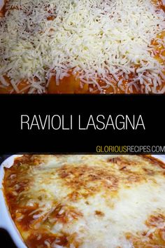 ravioli lasagna in a white casserole dish with cheese on top