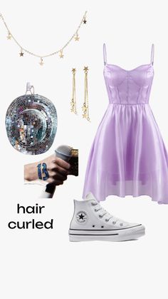 a purple dress and white converse sneakers with the words hair curled on it's side