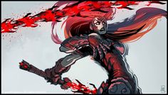 a drawing of a woman with red hair and blood splatters on her body