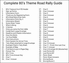 the road rally guide is shown in black and white, with instructions for each race