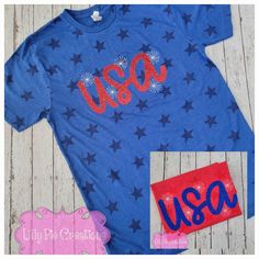 Light up the 4th of July in style with this sparkly sequin USA 4th of July Applique Shirt! Show off your patriotism and dazzle with this unisex star shirt that’s perfect for ladies who love to shine bright. Get ready to celebrate the USA in style! All items are made to order right here at Lilly Pie Creations Applique Shirts, Star Shirt, Shine Bright, Medium Blue, 4th Of July, Celebrities