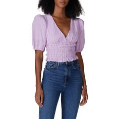 Purple polyester (100% Polyester). Top. Short sleeve. V-neckline. 20" from shoulder to hemline. Imported. Smocked Top, Rent The Runway, Closet Designs, Smocking, Puff Sleeve, Top Styles, V Neck, Purple, Fashion Design