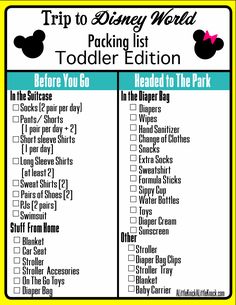 the disney world packing list for toddlers is shown in this printable checklist