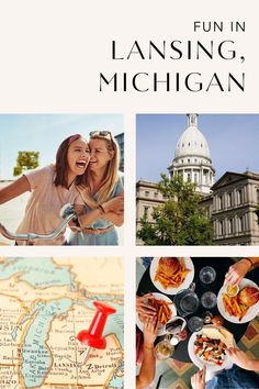 four pictures with the words fun in lansing, michigan on them and images of people eating