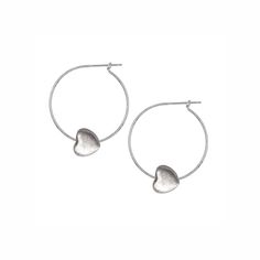 Add some playfulness to your elegance. These sterling silver hoops feature the perfect heart charm accent on each earring, instantly adding interest to any outfit. This heart charm has a brushed finish, imitating luxurious satin. Made in Italy. Details: Metal: Rhodium-Plated on Sterling Silver Base & Anti-Tarnish Coating Diameter: 27.3mm Charm: 10mm Puffed Heart Small Hoop Sterling Silver Heart Earrings Hypoallergenic, Minimalist Hoop Earrings With Heart Charm For Anniversary, Hypoallergenic Small Hoop Heart Earrings In Sterling Silver, Metal Hoop Earrings With Heart Charm For Valentine's Day, Small Hoop Sterling Silver Heart Earrings, Small Hoop Heart Earrings In Sterling Silver, Valentine's Day Metal Hoop Earrings With Heart Charm, Hypoallergenic Heart-shaped Sterling Silver Hoop Earrings, Metal Heart Hoop Earrings With Heart Charm