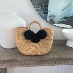 Nwt Sturdy Woven Basket Tote With Black Pom Poms. Fully Lined. Bohemian Black Straw Bag For Vacation, Black Bohemian Straw Bag For Vacation, Bohemian Black Straw Bag For Daily Use, Black Bohemian Beach Bag For Travel, Black Bohemian Handwoven Straw Bag, Bohemian Black Handwoven Beach Bag, Black Bohemian Straw Bag With Leather Handles, Lv Multi Pochette, Lv Neverfull Mm