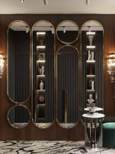 an art deco room with gold and black accents