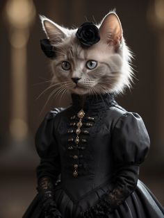 a white cat wearing a black dress with flowers on it's head and ears