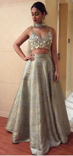 Blouse Skirt Outfit Indian, Brocade Indian Outfits, Brocade Lehenga Designs, Brocade Skirt And Top, Sequin Lengha, Brocade Outfits, Brocade Lengha, Brocade Skirts, Jacquard Lehenga