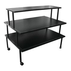 three tiered shelf with wheels on each side and black top, against a white background