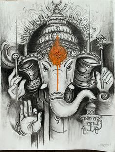 a drawing of an elephant with orange paint on it's face and two hands