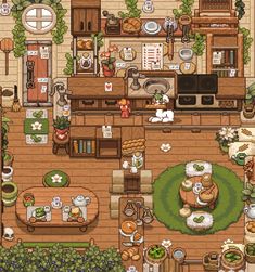 an overhead view of a living room and kitchen in the game animal crossing, which is designed to look like a house