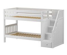 a white bunk bed with stairs on the bottom and bottom shelf, next to an open drawer