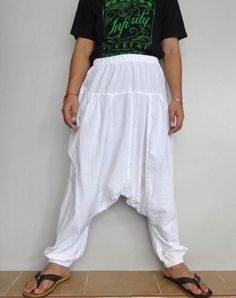 Bohemian Drop Crotch Unisex Pants White Cotton HG-6. image 1 Full-length Cotton Harem Pants With Pockets, White Baggy Casual Harem Pants, Comfortable White Baggy Bottoms, White Baggy Harem Pants, White Stretch Harem Trousers, Comfortable Baggy White Pants, White Full Length Harem Pants With Pockets, White Cotton Harem Pants With Pockets, White Baggy Harem Bottoms