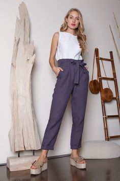 High waist linen pants. Its color is mix of gray and blue. Looks pretty and will attract the glances of the surrounding people. These pants are made of 100% washed, natural Baltic linen (EU) GIFT - FREE SHIPPING WORLDWIDE * ENLI5 Linen - it's our family creation... for you with love... _ DESCRIPTION  - made from 100% Baltic linen - pants has two comfortable pockets  - model height is 5.7ft (174 cm.) she wears size M - handmade by ENLI5 Linen family in Lithuania (EU) - Color may vary due to different displays * WHY TO CHOOSE US? Every dress is made individually for our clients. If you need small changes in size, please write us a message and together we would find the solution. Our linen is twice washed, so it gets better shape, stylish wrinkles and  indescribable tenderness.  Do not forget Linen Bottoms With Tie Waist For Work, Linen Tie Waist Pants For Work, Chic Linen Belted Bottoms, Chic Belted Linen Bottoms, Workwear Linen Pants With Tie Waist, Linen Bottoms With Tie Waist, Linen Straight Pants With Tie Waist, Linen Bottoms With Paperbag Waist, Linen Bottoms With Paperbag Waist And Elastic Waistband