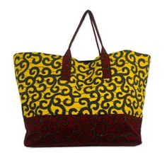 Working with all-cotton fabric in bold yellow and red prints Ghana's Lydia Mawuenya Amedzrator designs this pretty tote bag. The generously-sized open tote is perfect for shopping traveling or hitting the beach. The fully-lined interior features one zipper pocket and one open pocket to keep small items close at hand. Fabric Tote Shoulder Bag For Vacation, Multicolor Fabric Bags For Vacation, Multicolor Fabric Vacation Bags, Yellow Canvas Bags With Large Capacity, Large Capacity Yellow Canvas Bag, Rectangular Fabric Vacation Bag, Casual Yellow Beach Bag For Shopping, Casual Yellow Cotton Shoulder Bag, Yellow Canvas Bag With Large Capacity For Daily Use