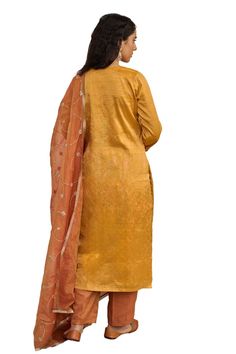 Warm yellow plain kurta. Paired with a pant. Comes along with a rust dupatta with hand embroidery and kiran lace border. - Aza Fashions Hand Embroidered Dupatta, Plain Kurta, Kurta Pant Set, Embroidered Dupatta, Warm Yellow, Kurta With Pants, Lace Border, Pants Pattern, Pant Set