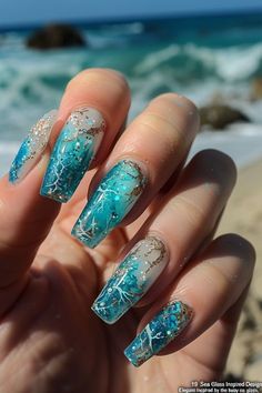 Pastel Nail Designs Acrylics, Ocean Ombre Nails, Ocean Nail Designs Sea, Ocean Nail Art Sea, Sea Glass Nails, Under The Sea Nails, See Nails, Cool Summer Nails