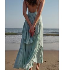 Color: Succulent / Mint Just As Effortless As It Is Essential, This Tiered Maxi Dress From Our Fp Beach Collection Features Ruched Detailing At The Bust And Dropped, Open-Style Back. Fp Beach Effortless Seaside Designs For A Laidback, Throw-On-And-Go Approach To Dressing. Care/Import Machine Wash Cold Import Measurements For Size S Length: 57” Approximately 48” Without Straps Bust: Fits 32-34” Contents 80% Viscose 20% Linen Long Black Maxi Dress, Beachy Dresses, Blue Floral Maxi Dress, Free People Maxi, Embroidered Tunic Dress, Denim Maxi Dress, Free People Maxi Dress, Beach Shoot, Goddess Dress