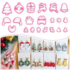 christmas themed earrings are displayed in front of a white background with red and green decorations