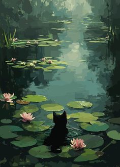 a cat sitting in the water with lily pads on it's side and looking at the sky