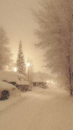 a snow covered street with houses and trees in the background